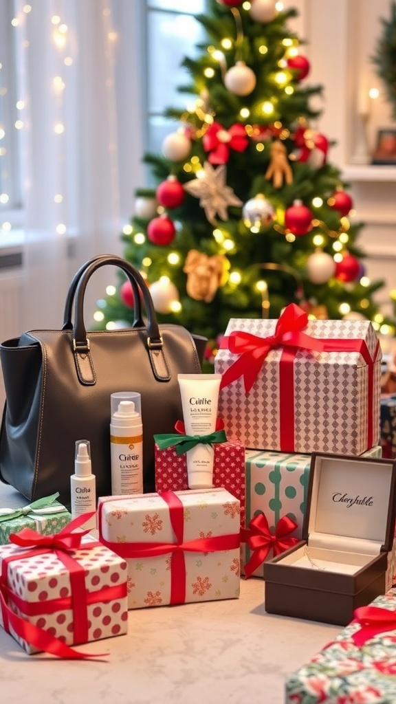 A festive arrangement of Christmas gifts for an 18-year-old girl, featuring a handbag, skincare items, and jewelry.